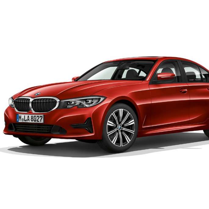 BMW 3er Limousine (G20) Modell Advantage Dreiviertel-Frontansicht der BMW 3er Limousine (G20) Modell Advantage in Melbourne Rot metallic