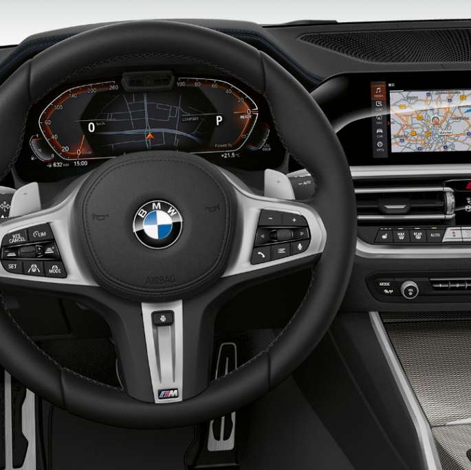 BMW 3er Limousine (G20), Modell Sport Line Cockpit Frontale Nahaufnahme des fahrerseitigen Cockpits der BMW 3er Limousine (G20) mit der Ausstattung des Modells Sport Line.