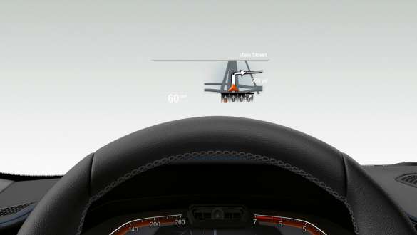 BMW 3er Limousine (G20) mit BMW Head-Up Display Frontale Nahaufnahme des halben Lenkrades und der Frontscheibe der BMW 3er Limousine (G20) mit BMW Head-Up Display.