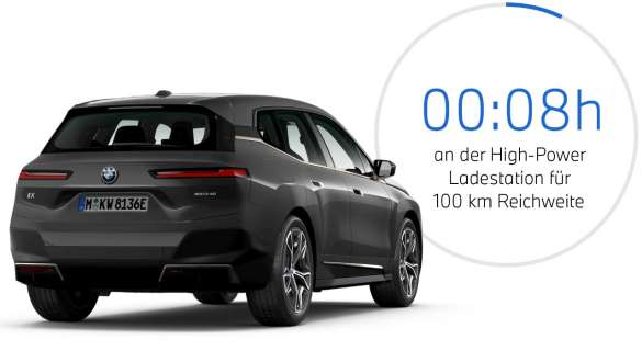 BMW iX i20 elektrischer SUV BMW iX xDrive50 unterwegs laden BMW iX i20 2021 elektrischer SUV BMW iX xDrive40 Sophistograu aufladen an einer öffentlichen Schnellladestation