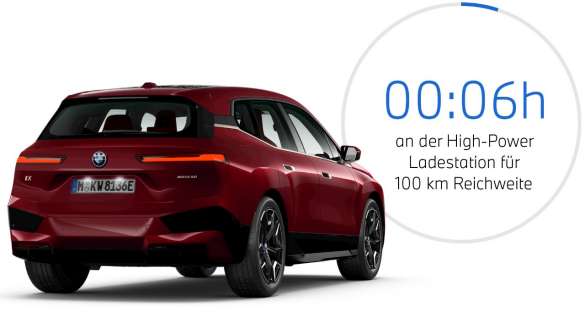 BMW iX i20 elektrischer SUV BMW iX xDrive50 unterwegs laden BMW iX i20 2021 elektrischer SUV BMW iX xDrive50 Aventurinrot aufladen an einer öffentlichen Schnellladestation
