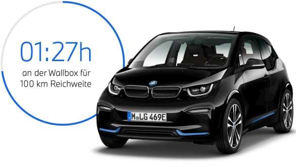 BMW i3s I01 Fluid Black mit Akzent BMW i Blau Dreiviertel-Frontansicht BMW i3s I01 Fluid Black mit Akzent BMW i Blau Dreiviertel-Frontansicht