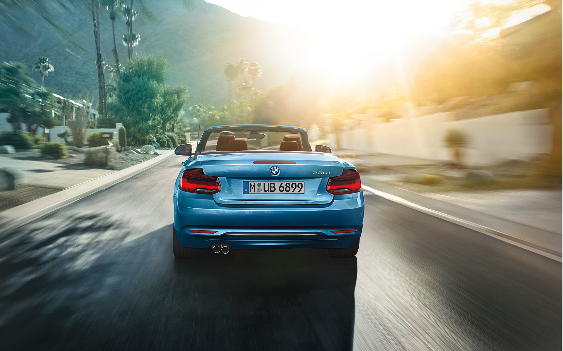 BMW 230i Cabrio fährt durch eine grüne Landschaft: Ansicht von hinten BMW 230i Cabrio fährt durch eine grüne Landschaft: Ansicht von hinten