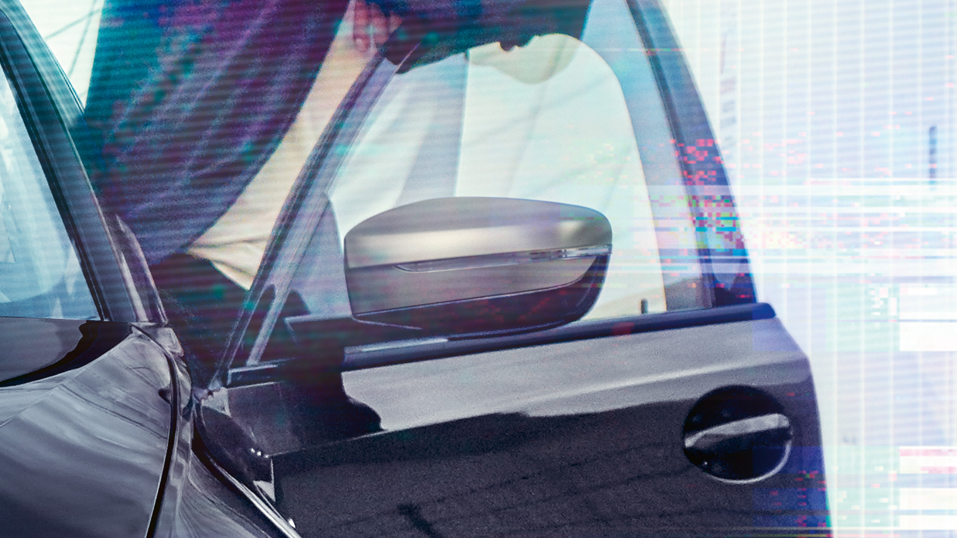 BMW 3er Limousine, Spiegelkappen. Detailansicht der geöffneten Fahrertür mit Spiegelkappen in Ceriumgrau metallic.