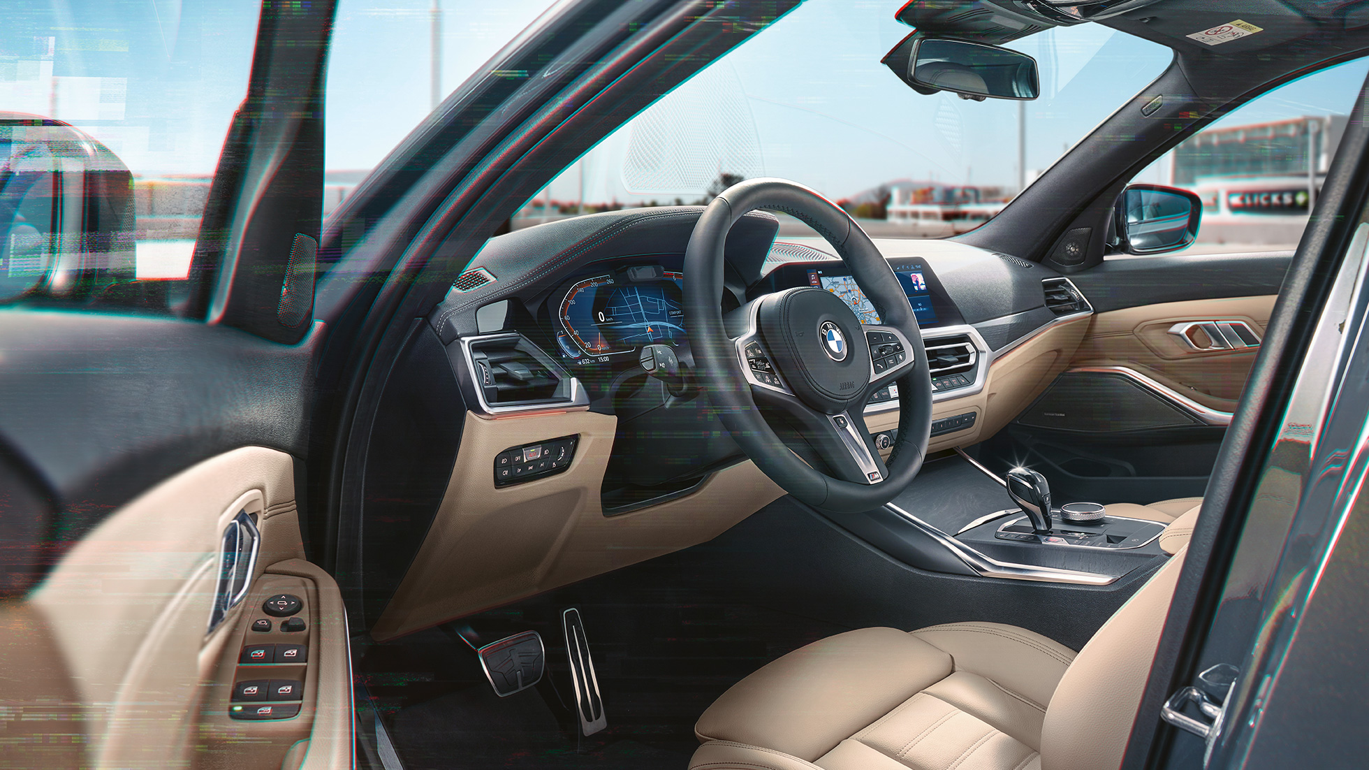 BMW 3er Touring, Detailaufnahme des Cockpits BMW 3er Touring, Detailaufnahme des Cockpits vor urbaner Kulisse