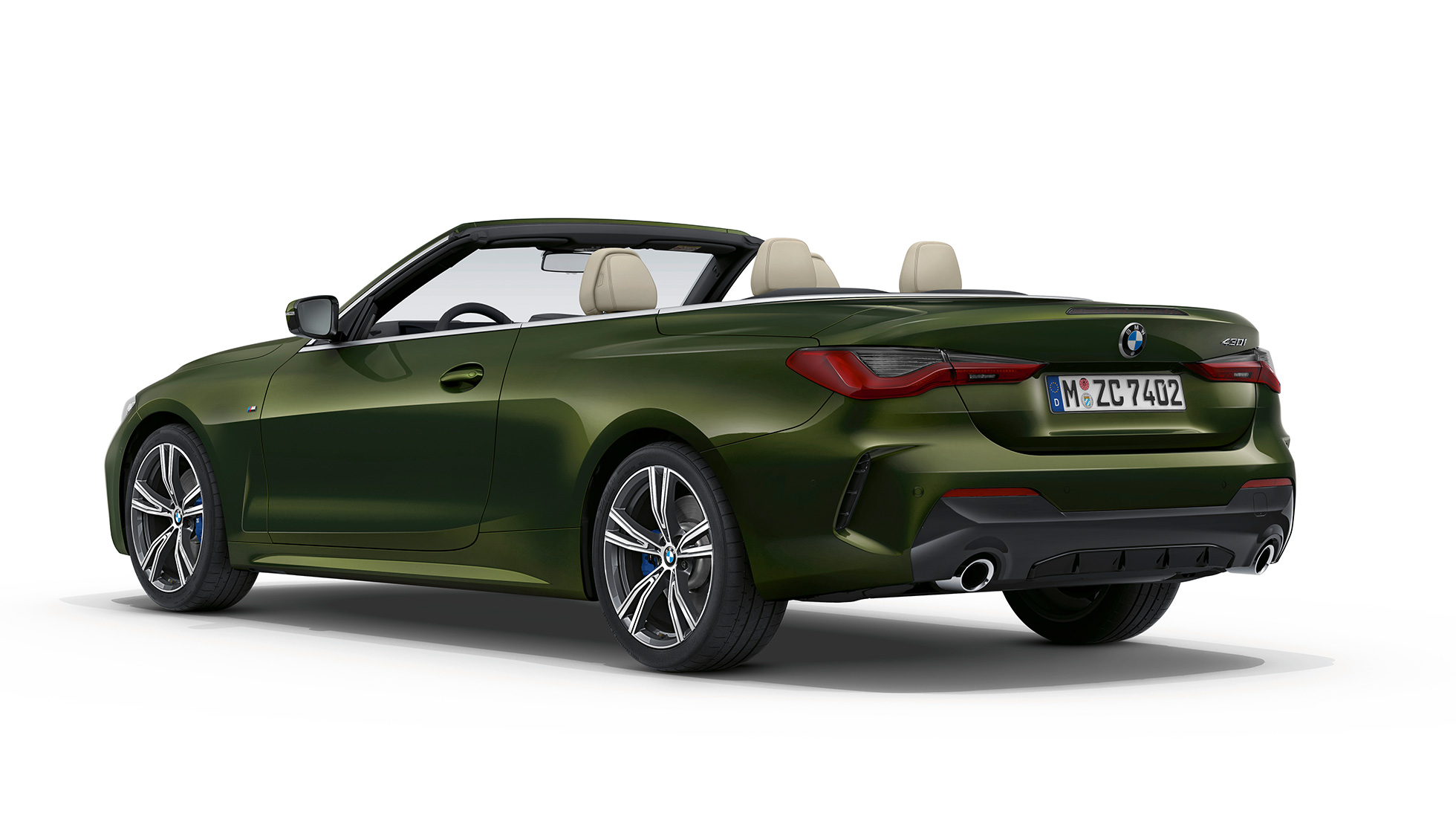 BMW 4er Cabrio G23 2020 Modell M Sport Sanremo Green metallic Dreiviertel-Heckansicht