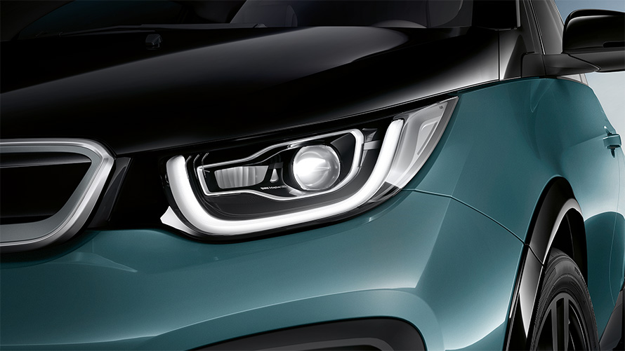 BMW i3 I01 2018 Blue Ridge Mountain mit Akzent Frozen Grey metallic Nahaufnahme Front LED-Frontscheinwerfer