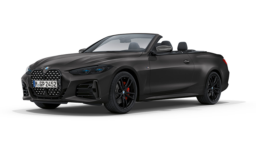 BMW M440i xDrive Cabrio G23 2020 BMW Individual Frozen Deep Grey metallic Dreiviertel-Frontansicht mit geöffnetem Stoffverdeck