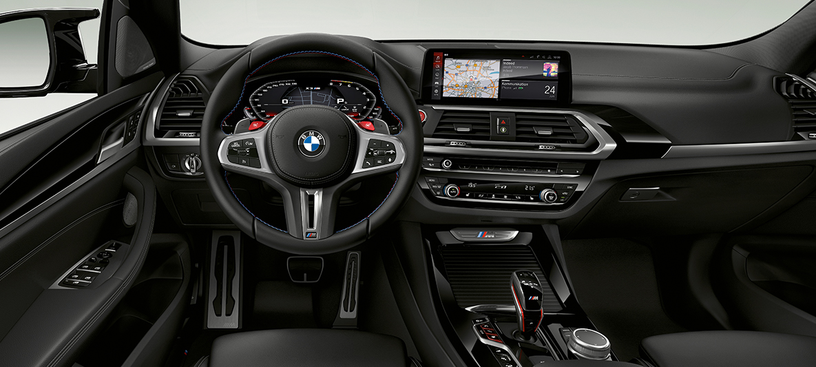 BMW X3 M SUV, M Lederlenkrad F97. BMW X3 M SUV, Interieur, Cockpit, M Lederlenkrad mit M spezifischen Kontrastnähten F97.