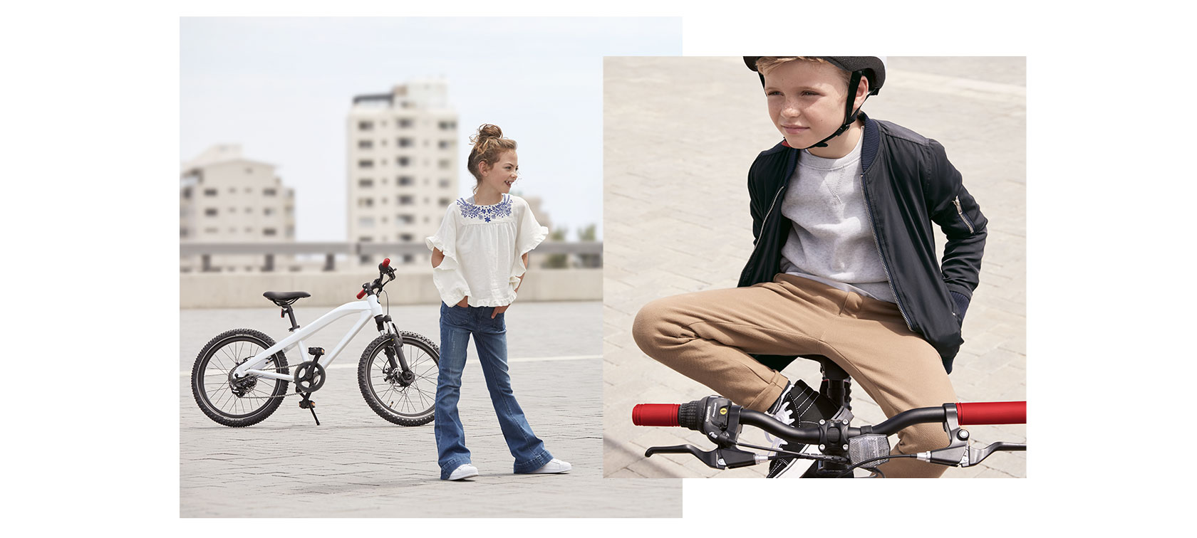 Für Fahrfreude ist man nie zu jung. Auf einer zweigeteilten Bilder-Kombination steht auf der linken Abbildung ein Mädchen fröhlich vor einem BMW Junior Cruise Bike in Weiß/Himbeerrot und auf dem rechts platzierten Foto posiert ein Junge lässig auf einem BMW Junior Cruise Bike in Schwarz/Orange.