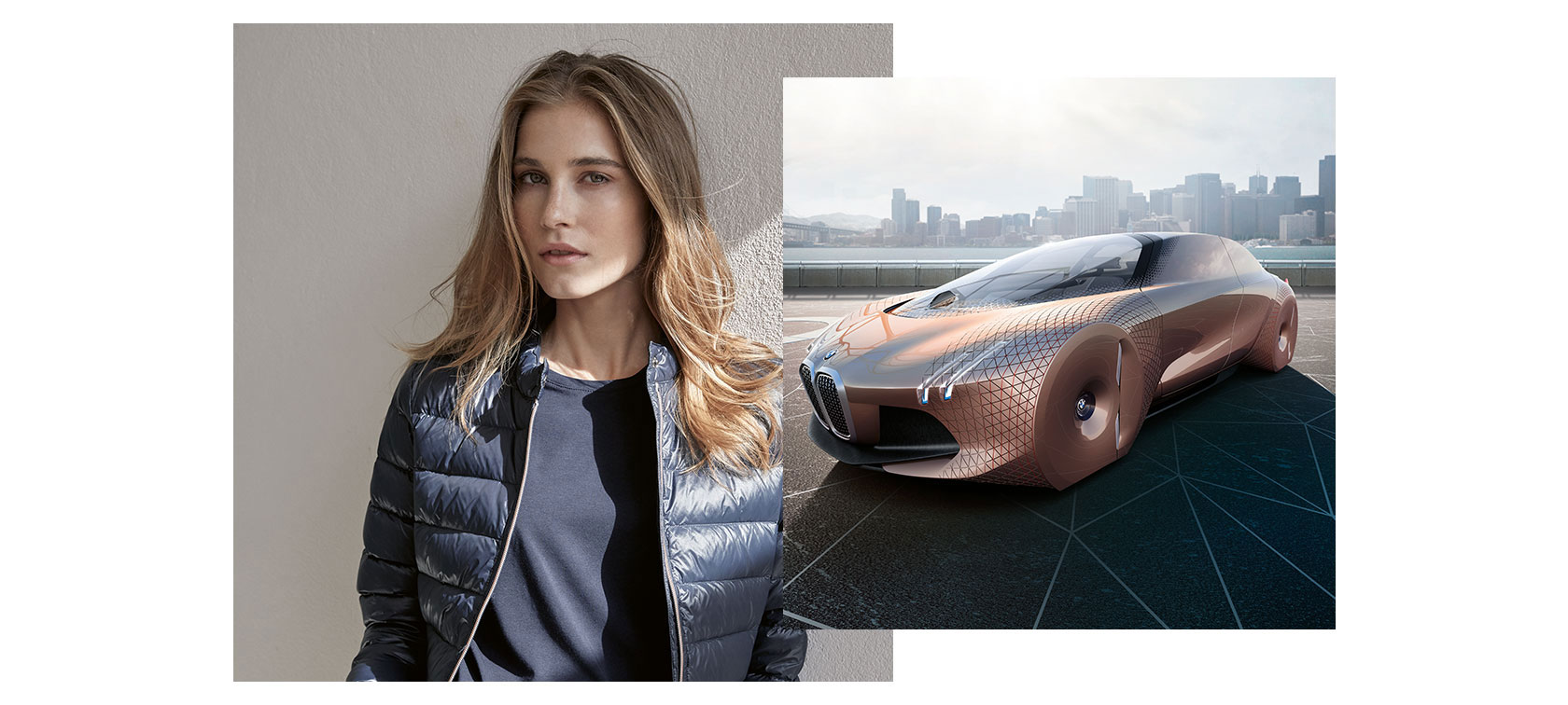 Das Bild vereint zwei Bilder, wobei links ein Model in der BMW Collection und rechts das kupferfarbene BMW Visionsfahrzeug zu sehen ist. Das Bild vereint zwei Bilder, wobei links ein Model in der BMW Collection und rechts das kupferfarbene BMW Visionsfahrzeug zu sehen ist.