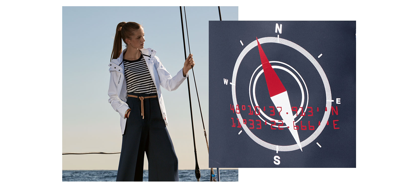 Eine junge Frau präsentiert links auf dem Boot die Produkte der BMW Yachtsport Collection und auf dem rechten Bild sind die Koordinaten des BMW Headquarters in München zu sehen. Eine junge Frau präsentiert links auf dem Boot die Produkte der BMW Yachtsport Collection und auf dem rechten Bild sind die Koordinaten des BMW Headquarters in München zu sehen.