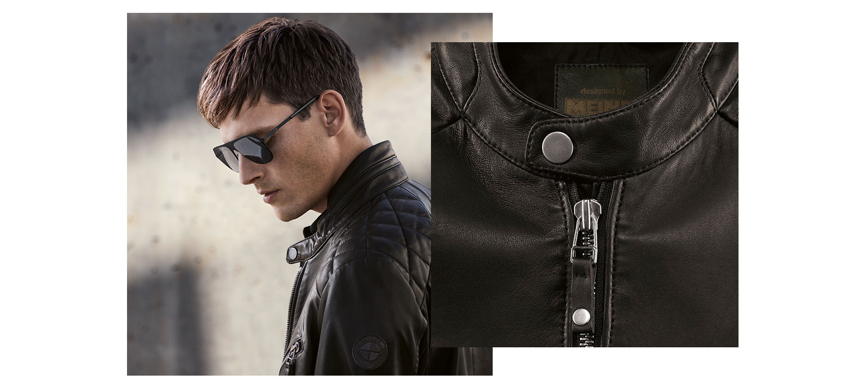 Männliches Modell trägt auf dem linken Bild eine Sonnenbrille und eine Jacke aus der BMW Collection. Das rechte Bild ist eine Nahaufnahme des Reißverschlusses der Herren-Jacke. Männliches Modell trägt auf dem linken Bild eine Sonnenbrille und eine Jacke aus der BMW Collection. Das rechte Bild ist eine Nahaufnahme des Reißverschlusses der Herren-Jacke.
