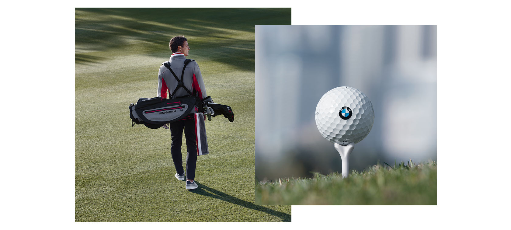 Auf dem linken Bild läuft ein junger Mann in der Ausstattung der BMW Golfsport Collection über den Rasen. Das rechte Bild setzt den Fokus auf einen Golfball mit dem BMW Logo. Auf dem linken Bild läuft ein junger Mann in der Ausstattung der BMW Golfsport Collection über den Rasen. Das rechte Bild setzt den Fokus auf einen Golfball mit dem BMW Logo.