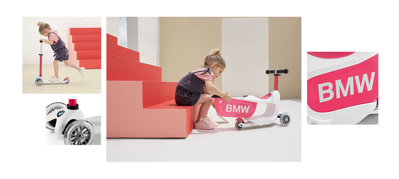 BMW Kids Scooter. Eine Collage aus vier Serienbildern zeigt verschiedene Details des BMW Kids Scooters.