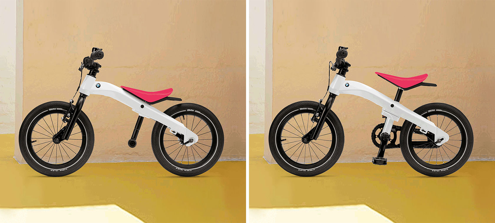 BMW Kidsbike. Das Bild zeigt links das BMW Kids Bike als Fahrrad und rechts als Laufrad.