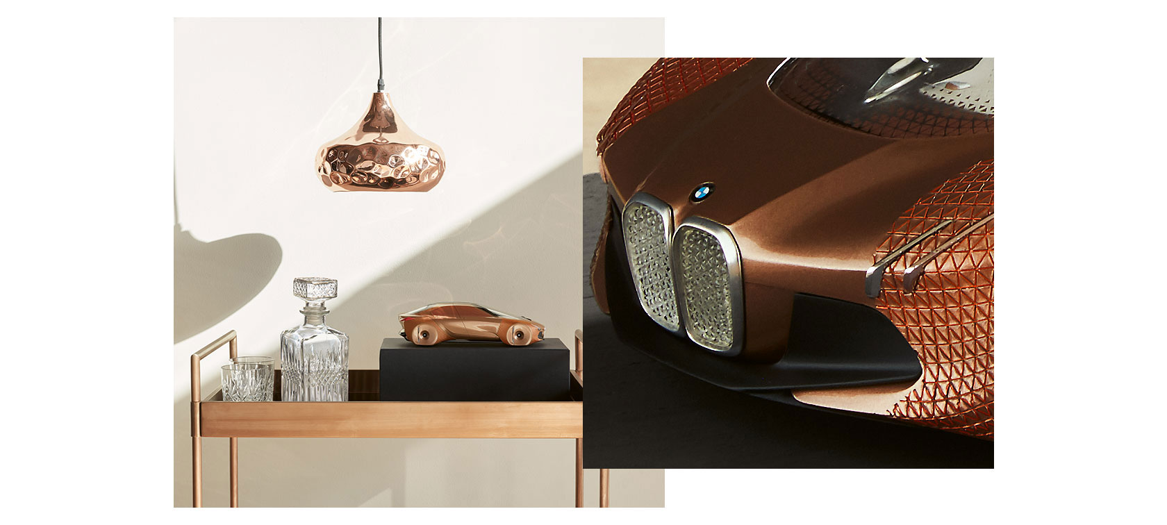 Miniatur BMW Vision Next 100. Das Bild teilt sich in zwei Hälften: Auf dem linken Bild steht ein Miniatur BMW Vision Next 100 in einer modernen Farbwelt aus Kupfer- und Messingtönen, auf einem schwarzen Sockel. Das rechte Bild ist eine Detailaufname der Front mit Motorhaube und vorderem Kotflügel der Miniatur des BWM Vision Next 100.
