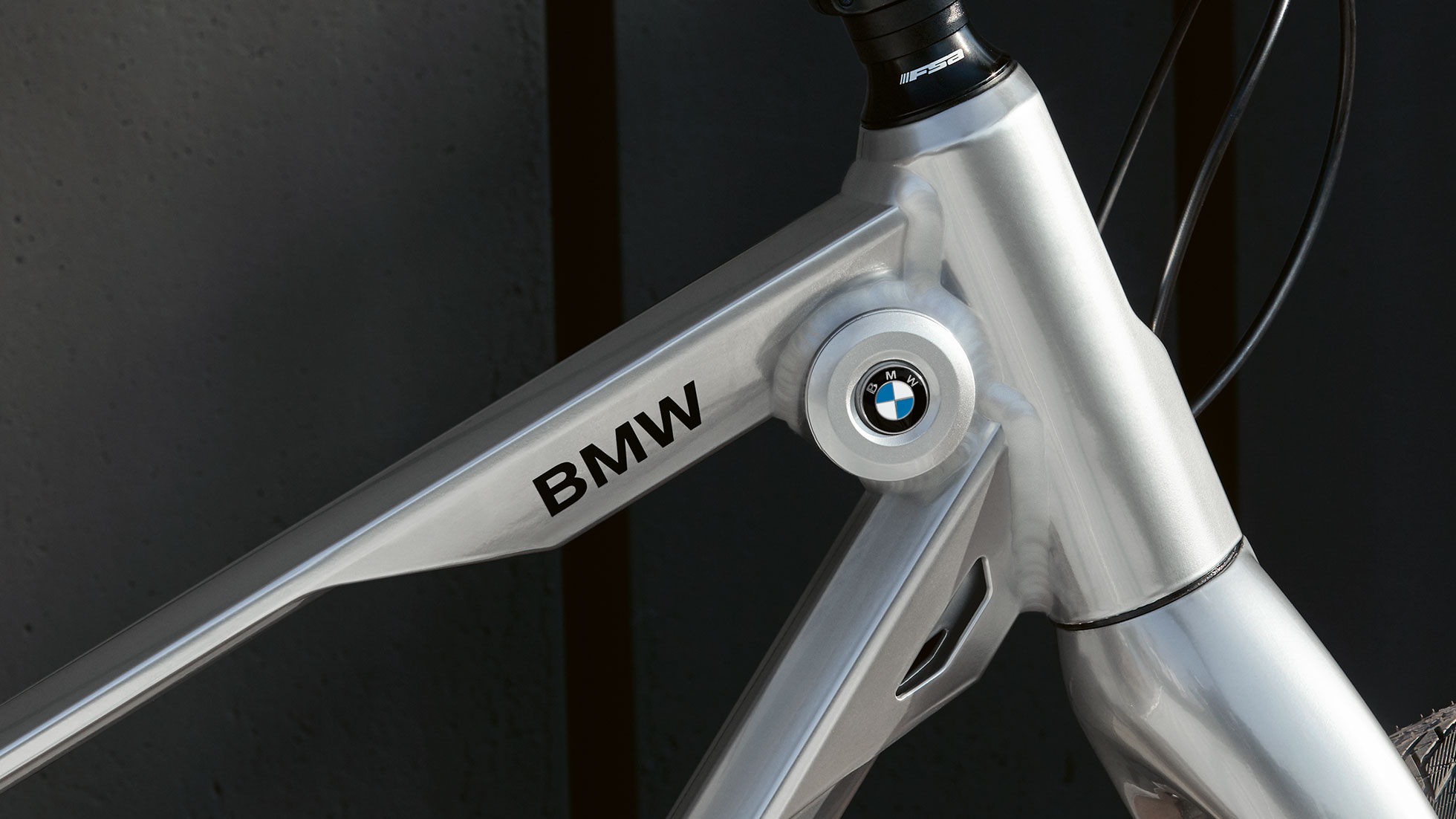 BMW Cruise Bike. Der Bildausschnitt fokussiert den Ramen des BMW Cruise Bikes mit Logo.