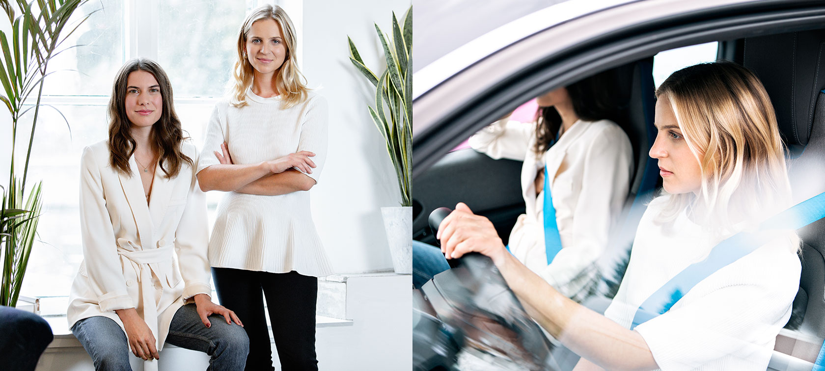 Das Bild zeigt links die beiden Designerinnen Rasa Weber und Essi Glomb in ihrem Studio und rechts in einem BMW i3 fahrend. Das Bild zeigt links die beiden Designerinnen Rasa Weber und Essi Glomb in ihrem Studio und rechts in einem BMW i3 fahrend.