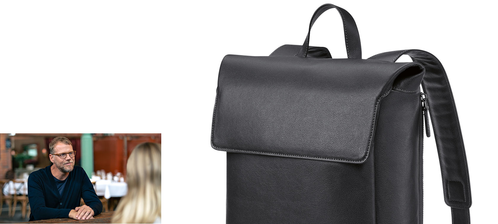 Das kleine Bild zeigt die Designerin Essi Glomb im Interview mit Hannes Parth von Frumat. Das große Bild zeigt einen Rucksack aus Apfelleder aus der BMW i Collection. Das kleine Bild zeigt die Designerin Essi Glomb im Interview mit Hannes Parth von Frumat. Das große Bild zeigt einen Rucksack aus Apfelleder aus der BMW i Collection.