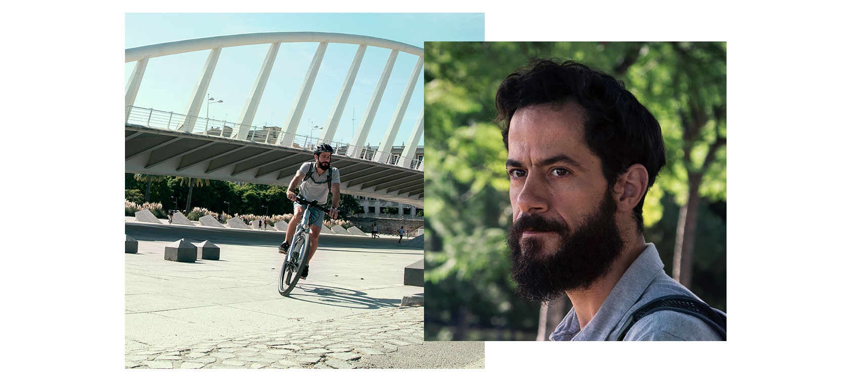 Das Bild zeigt auf der linken Seite Fernando auf seinem BMW Active Hybrid E-Bike und daneben eine Porträtaufnahme des Möbeldesigners. Das Bild zeigt auf der linken Seite Fernando auf seinem BMW Active Hybrid E-Bike und daneben eine Porträtaufnahme des Möbeldesigners.