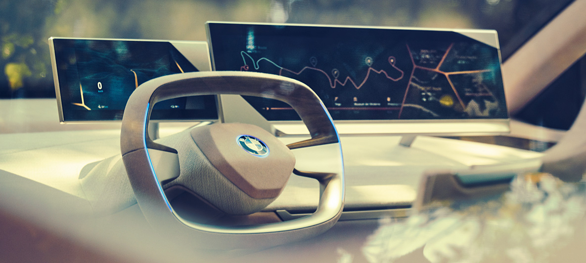 Interieur des BMW Vision iNEXT Interieur des BMW Vision iNEXT mit Lenkrad und Dashboard