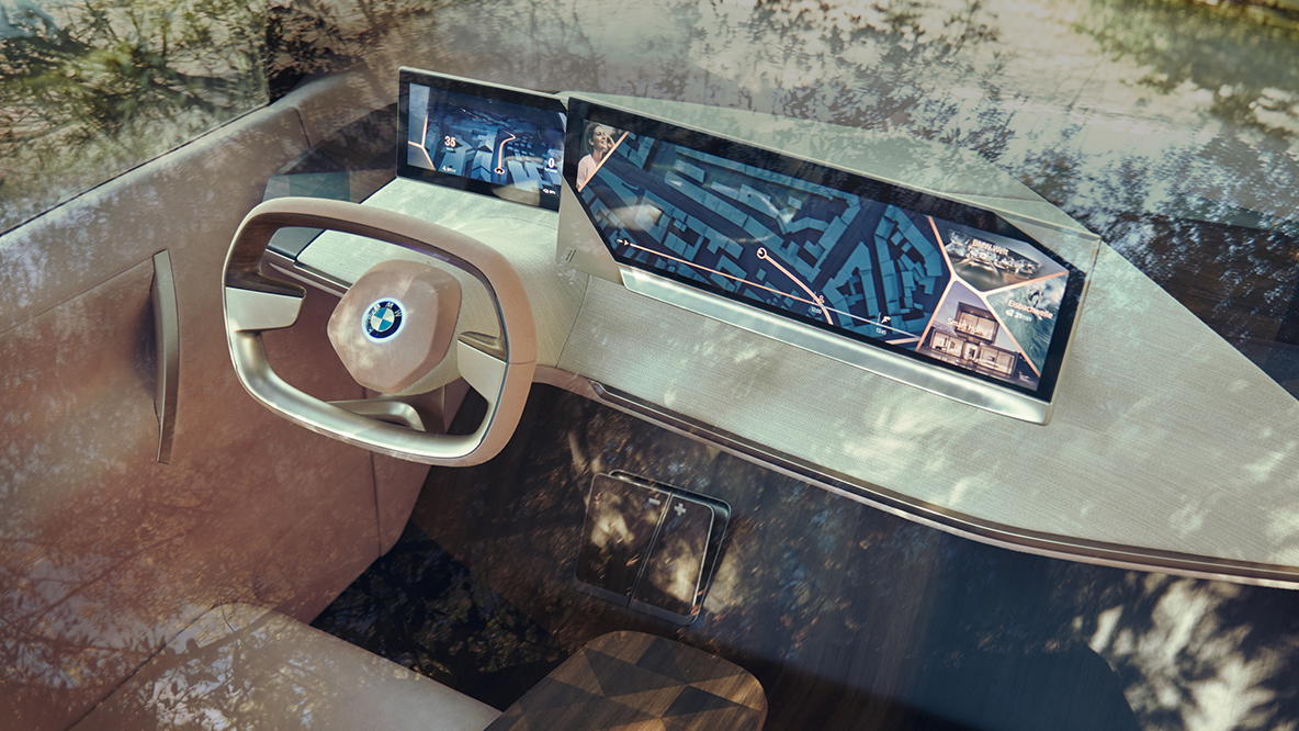 Fahrerplatz BMW Vision iNEXT Fahrerplatz BMW Vision iNEXT mit Lenkrad und Dashboard