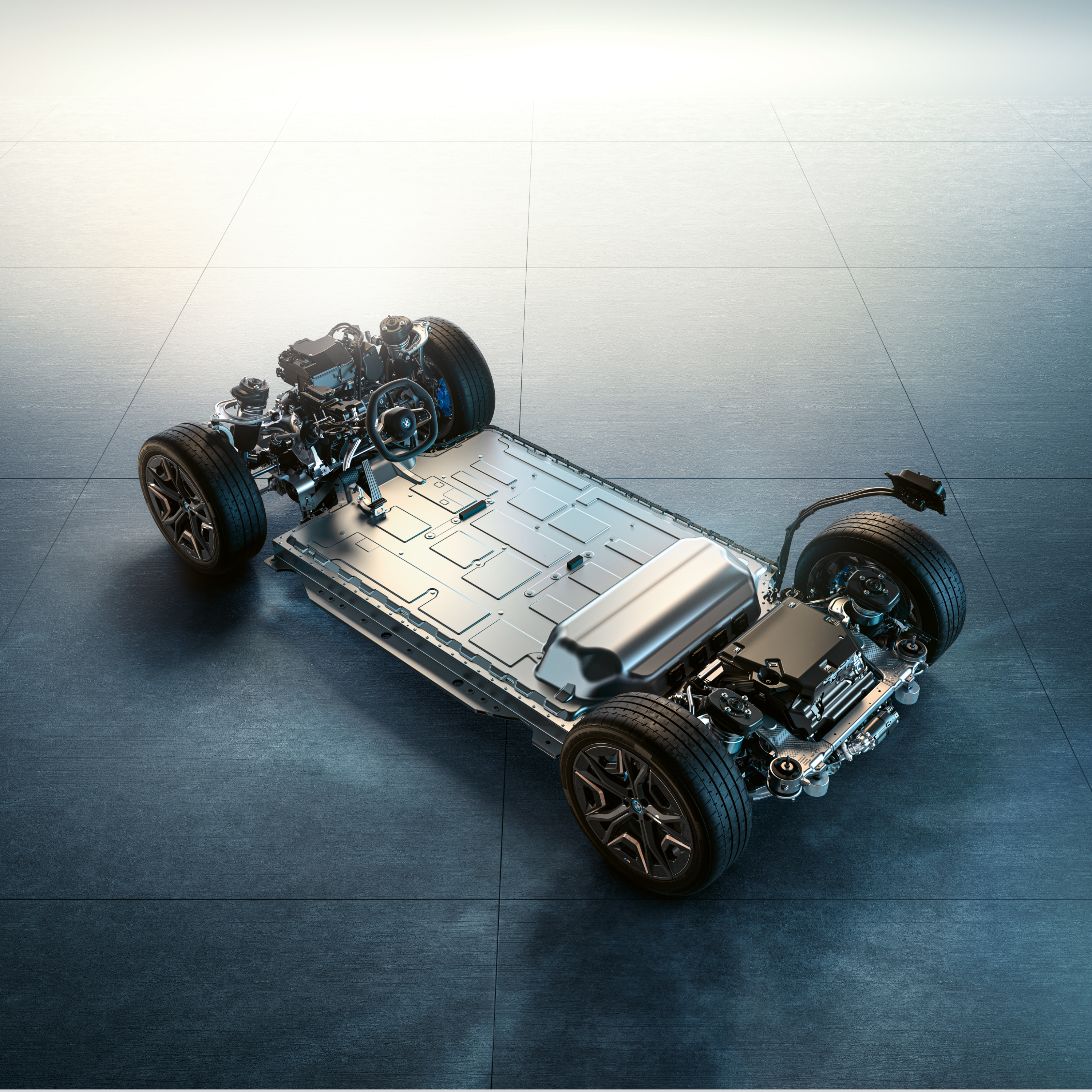 Die auseinandergebaute Unteransicht eines BMW mit Sitz der Batterie